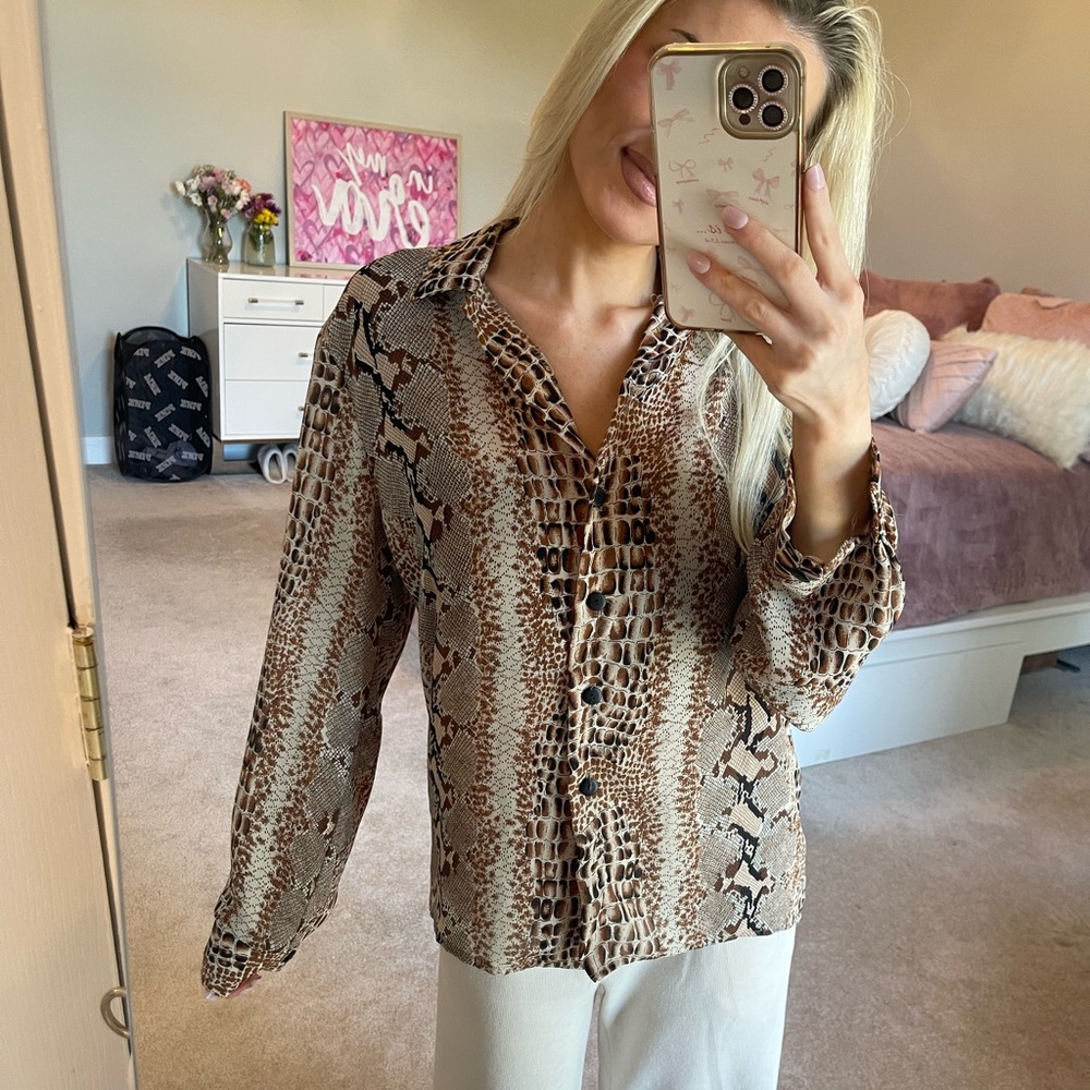 Chic Brown Animal Print Button-Down Shirt